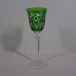 Bohemian Czech Green Cut to Clear Crystal Wine Glass Goblet 9" Tall *Small Chip